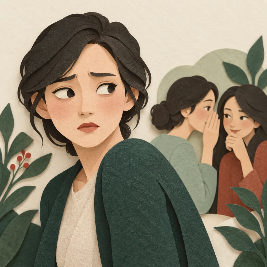 A worried person glances at two people whispering