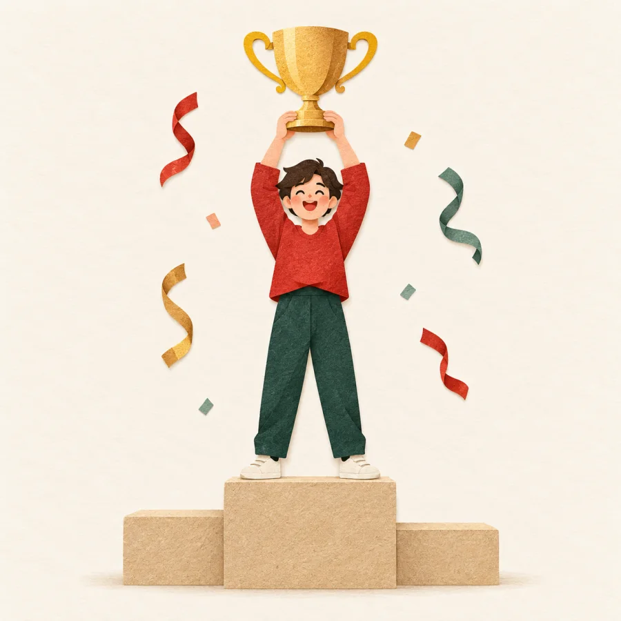 A person on a step lifts a golden cup overhead