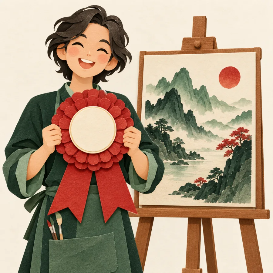 A smiling person holds a first-place rosette by an easel