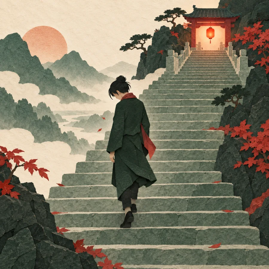 A slumped person walks down a long stone staircase