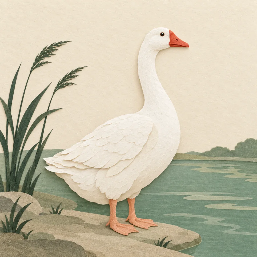 A white goose stands at a pond edge among reeds