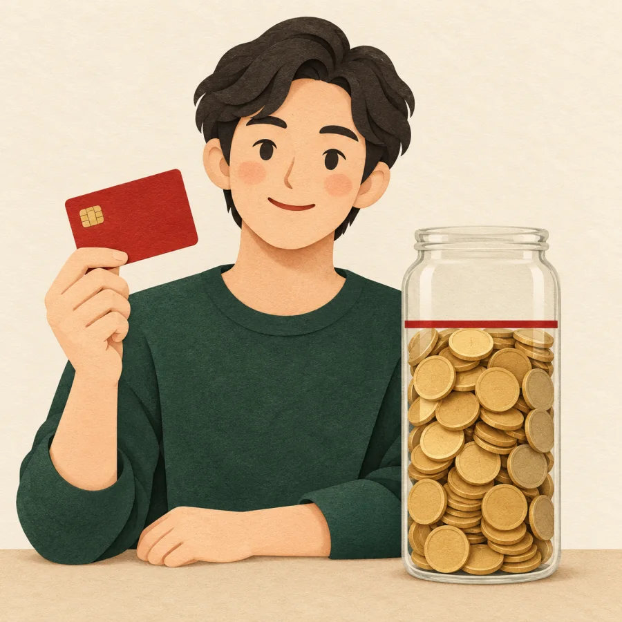 A person with a card beside a jar of coins filled to a line