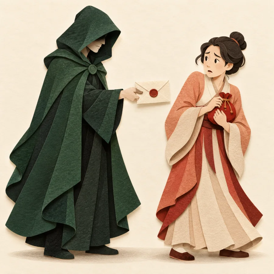 A cloaked figure holds out an envelope to a frightened person