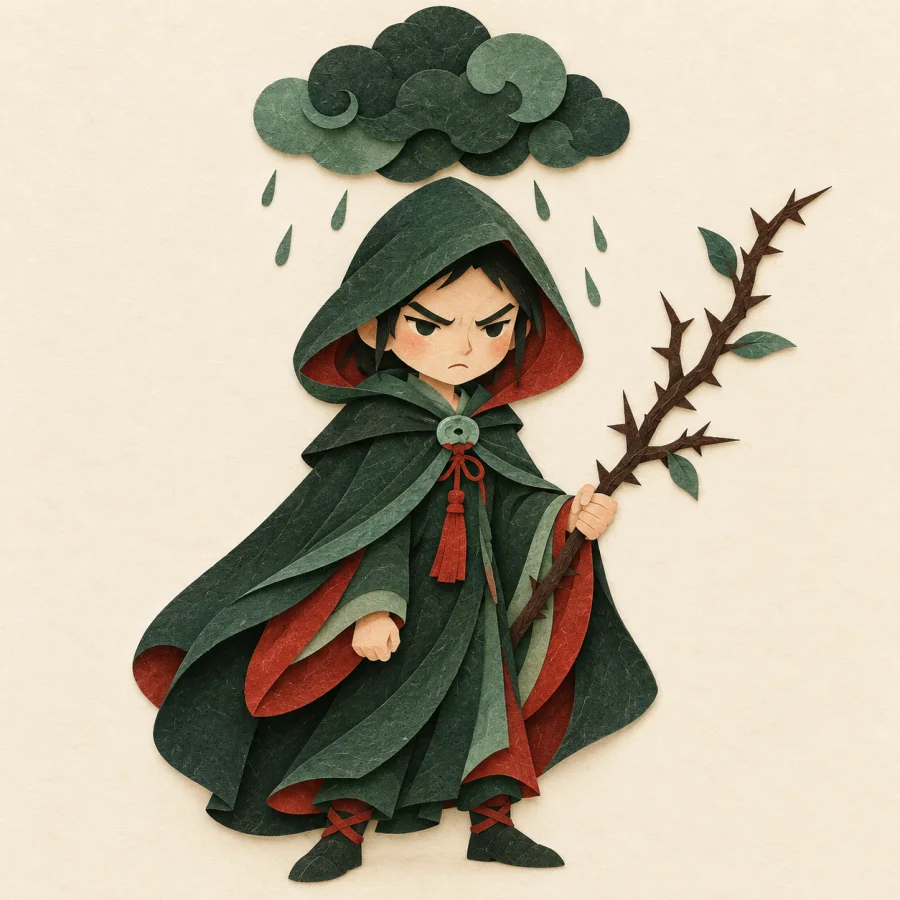 A scowling cloaked figure with a thorny branch under a cloud