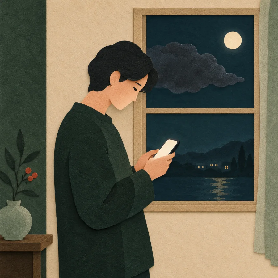A person at a night window bows their head holding a phone