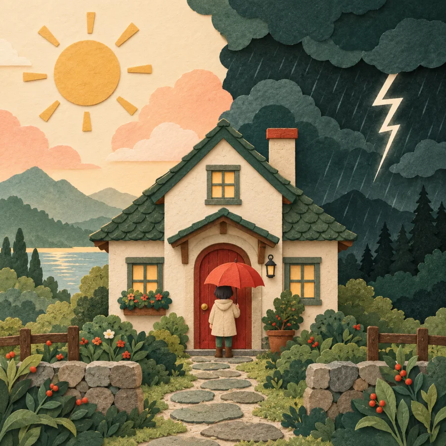 A small house under a sky half sunny, half stormy