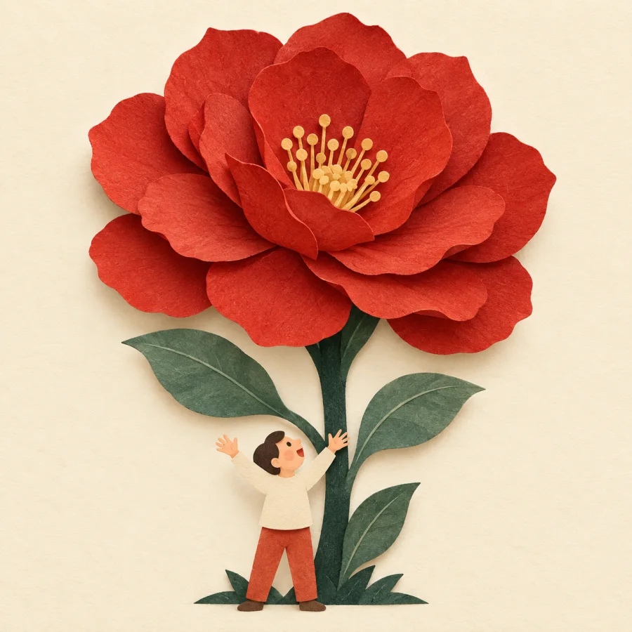 Uma pessoa admirada com uma flor