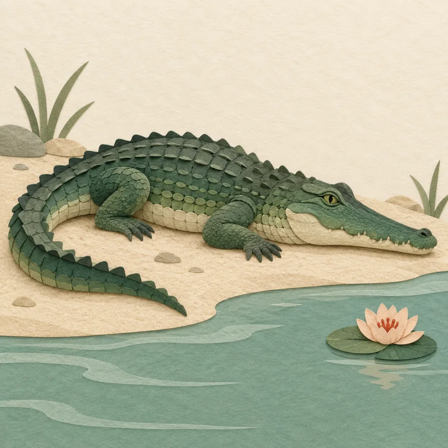A green crocodile rests on a riverbank