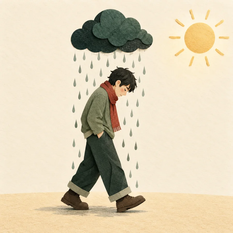 A person walks under one small dark cloud while the sun shines