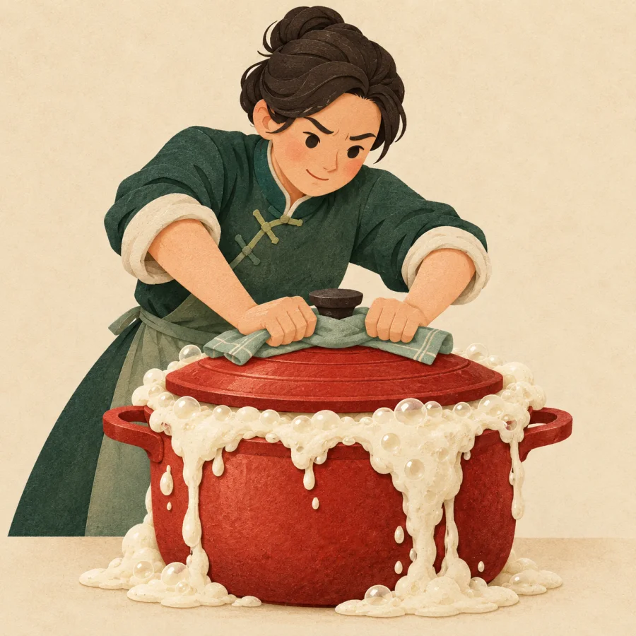 A person presses a lid on a pot overflowing with foam
