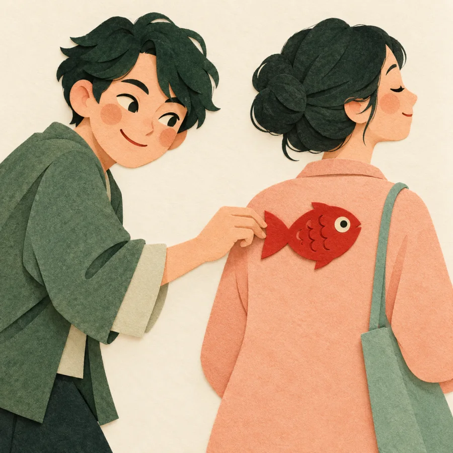 A grinning person sticks a paper fish on another's back