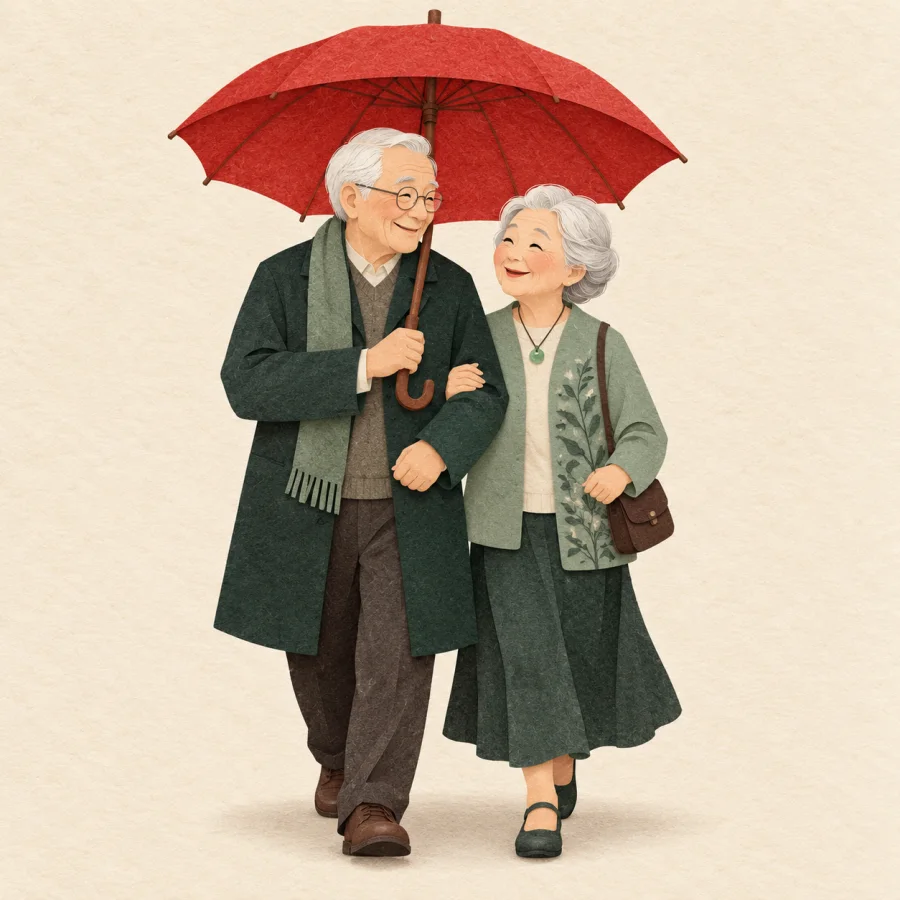 An elderly couple walks arm in arm under one umbrella