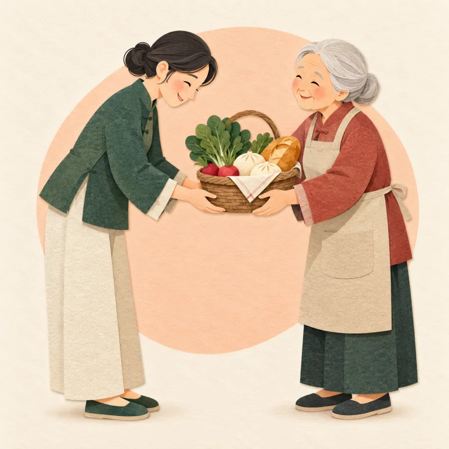 A person bows gratefully to an elderly neighbour with a food basket