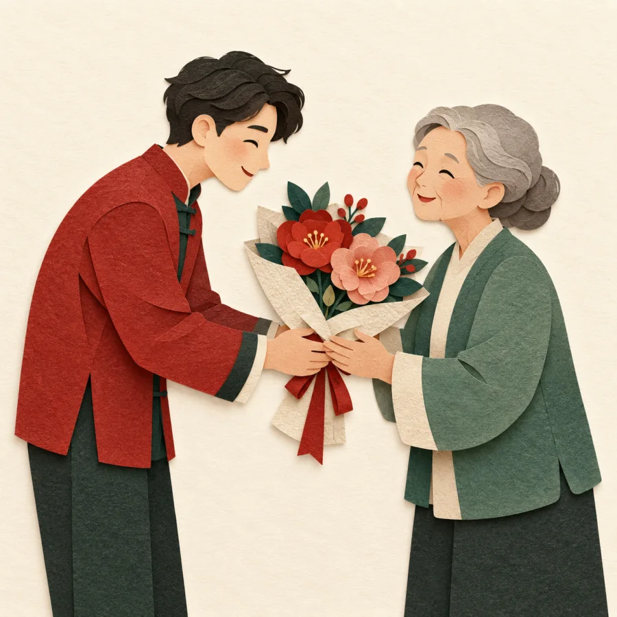 A person offers flowers with both hands to a smiling elder