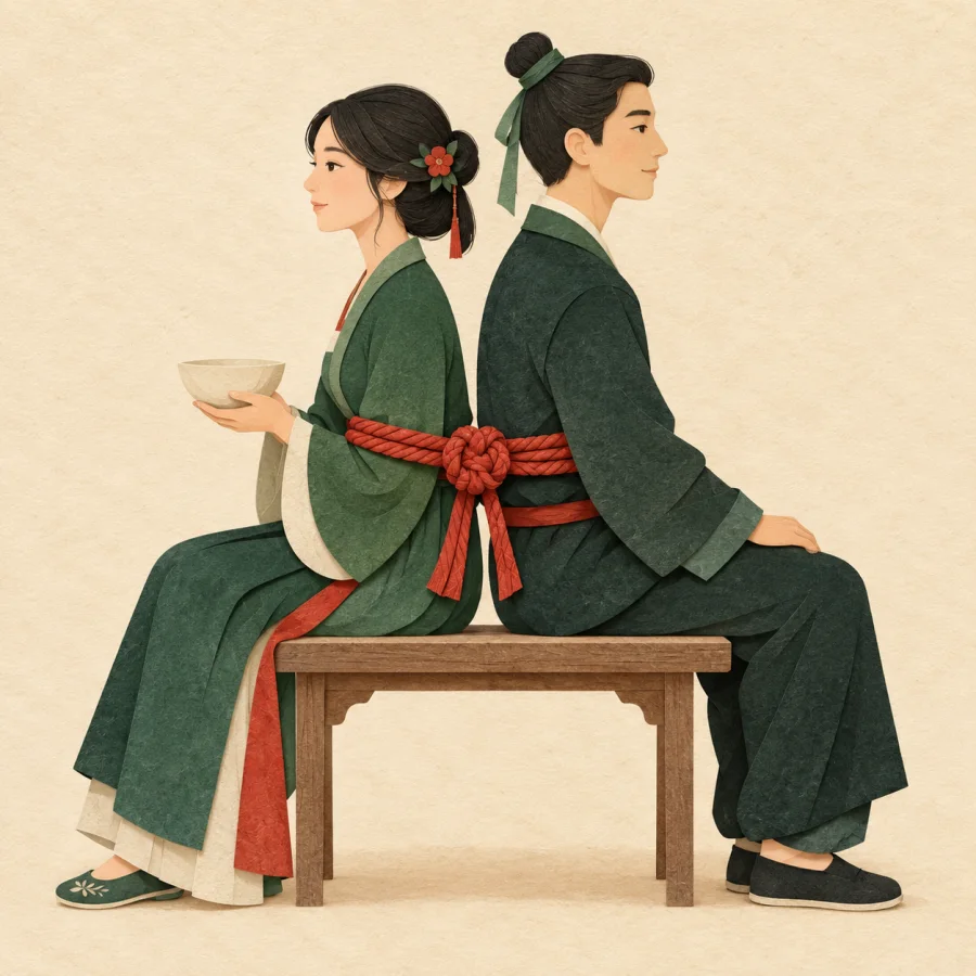 Two people sit back to back on a bench tied by red rope