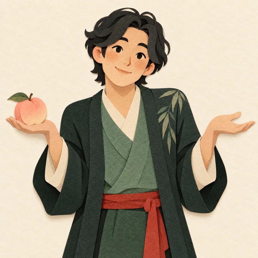 A person shrugs with one small peach on an open palm