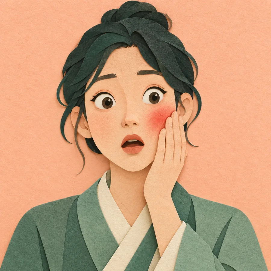 A startled person presses a hand to a flushed cheek