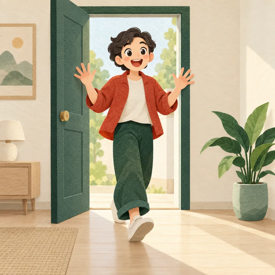 A person with wide eyes steps into a bright new room