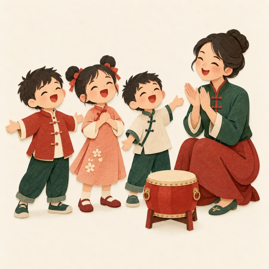 Children sing together beside a small drum