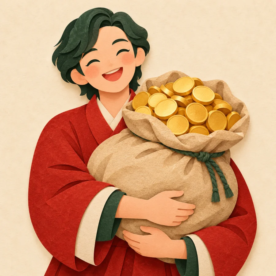 A smiling person holds a sack full of gold coins