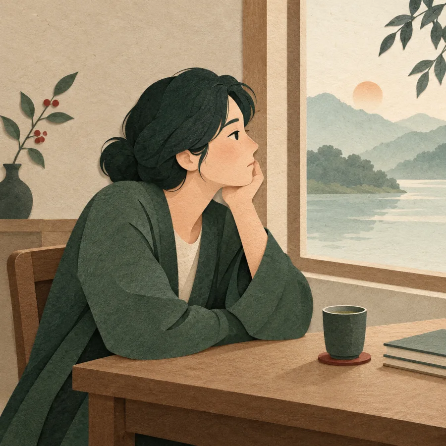 A person rests their chin and stares blankly out a window
