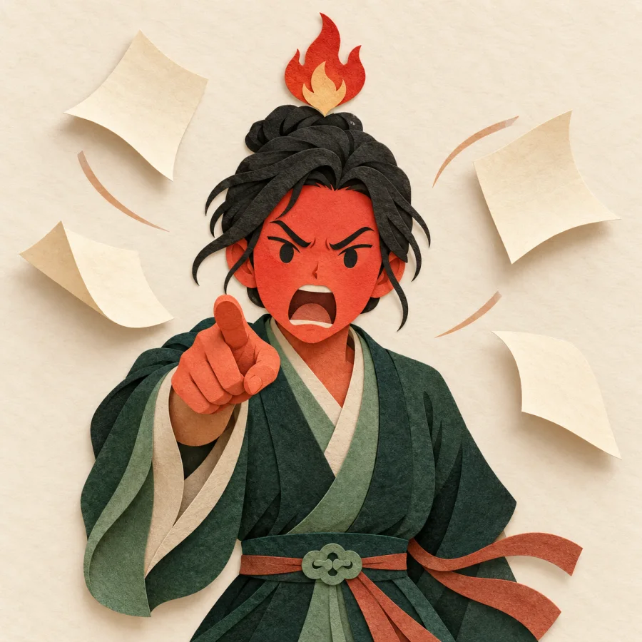 A red-faced person with a small flame over their head