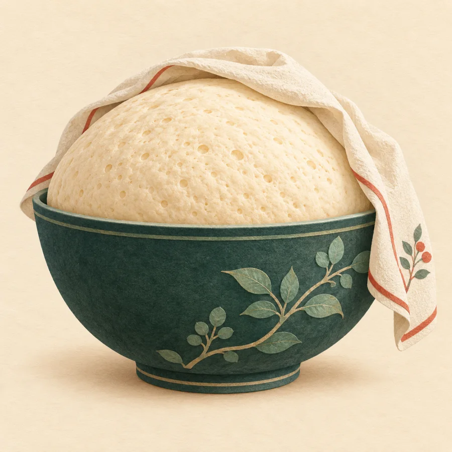A bowl of dough has risen in a dome above its rim