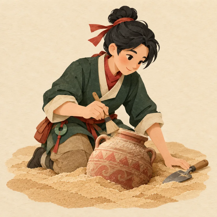 A person brushes sand off a clay jar