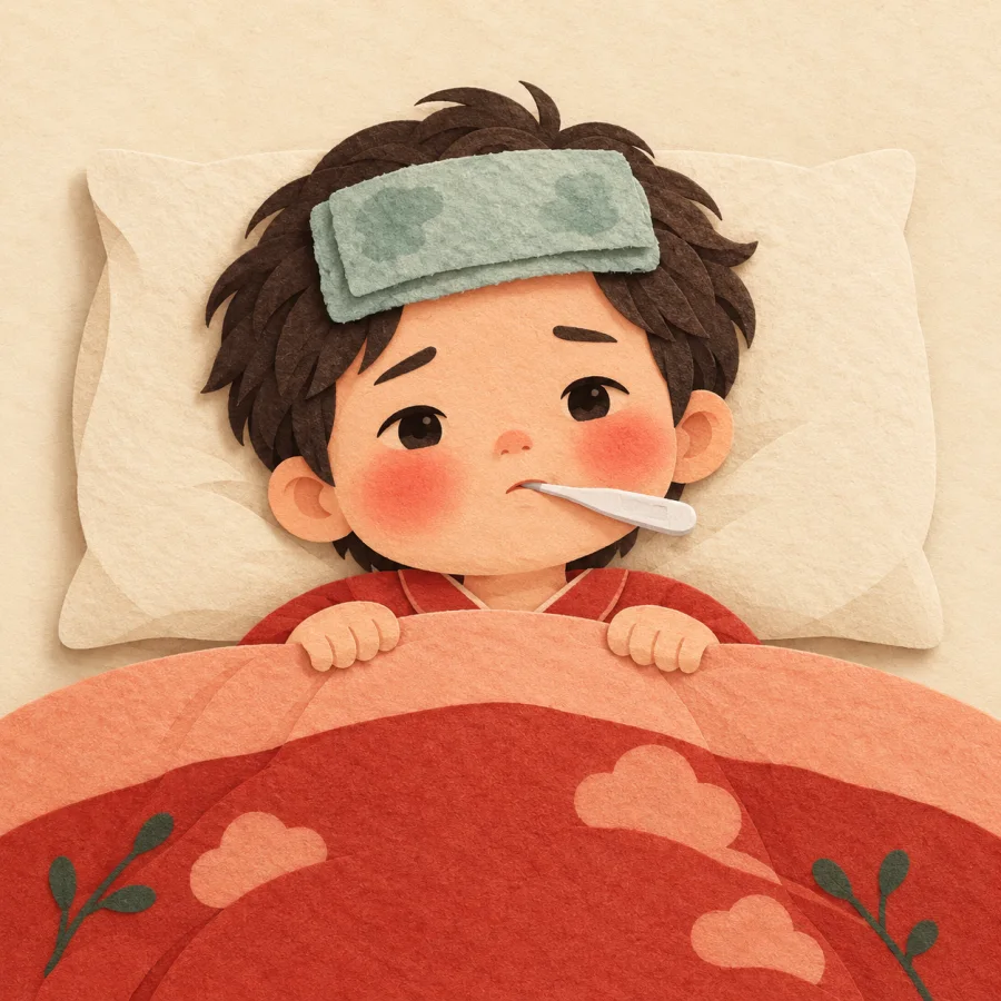 A child in bed with a thermometer and a cloth on the forehead