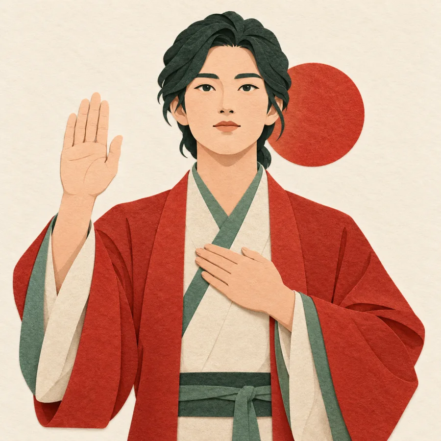 A person with one hand raised and the other on the chest