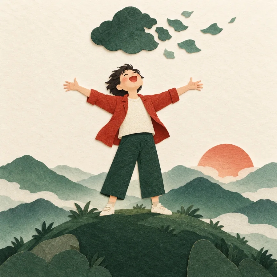 A person on a hill shouts with arms wide as a cloud clears