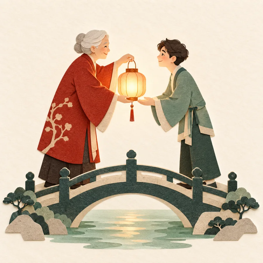 An elder hands a lit lantern to a younger person on a bridge