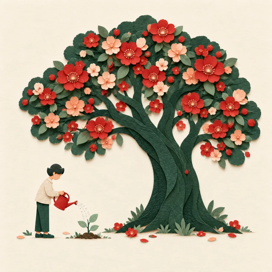 A small seedling grows into a huge blossoming tree