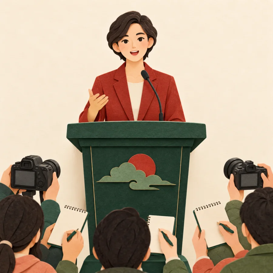 A person at a podium with a microphone before reporters