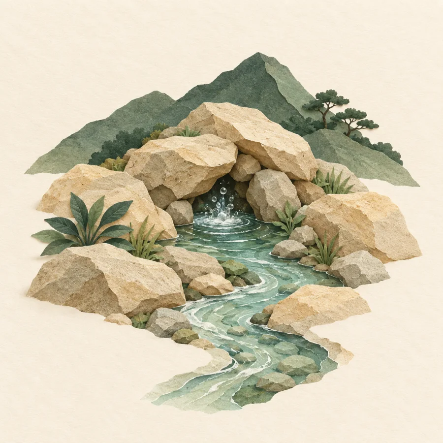 A spring bubbles from rocks and a stream runs downhill