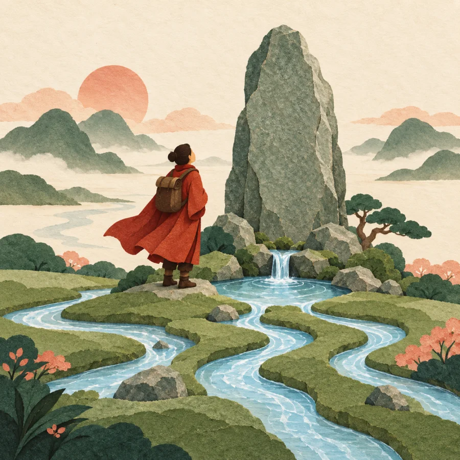 A traveler looks at a stone marker by a source of rivers