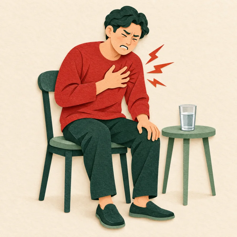 A person clutches their chest, a glass of water nearby