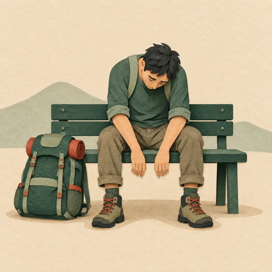 A worn-out person slumps on a bench, backpack on the ground