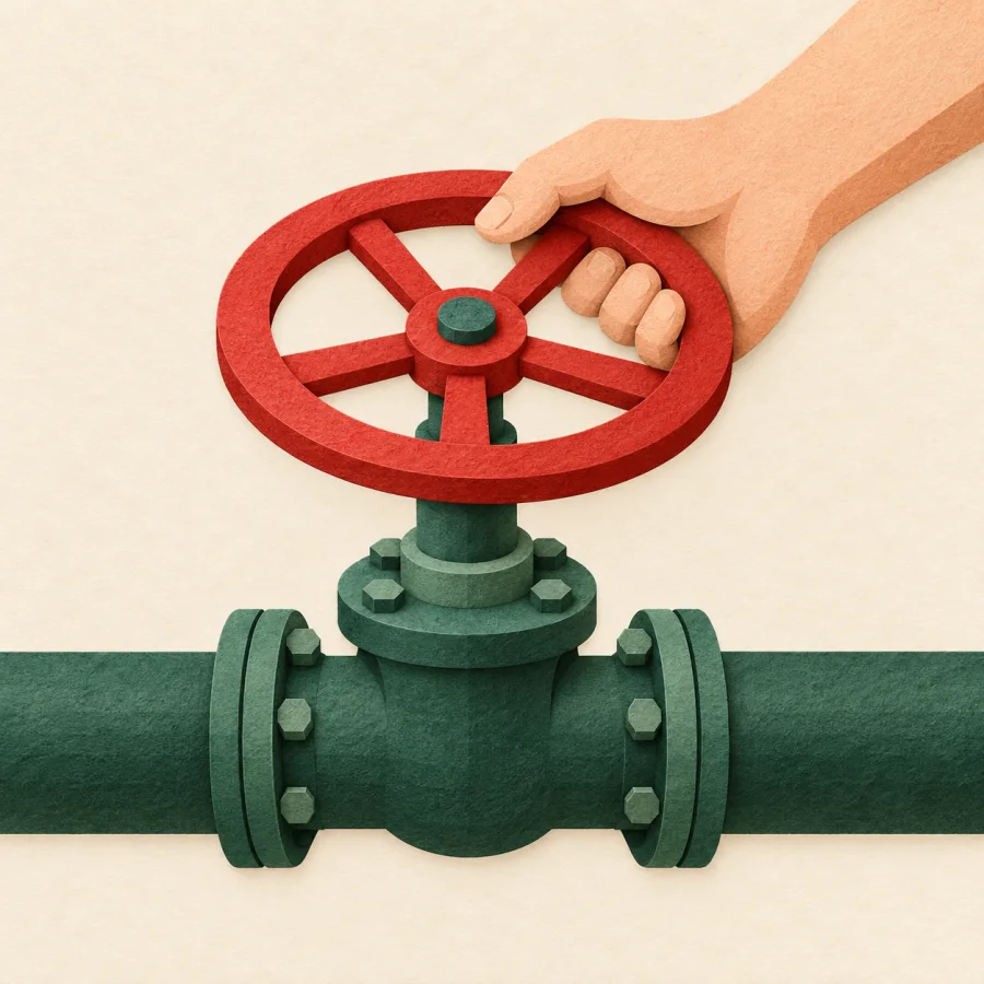 A hand turns a red valve wheel on a green pipe