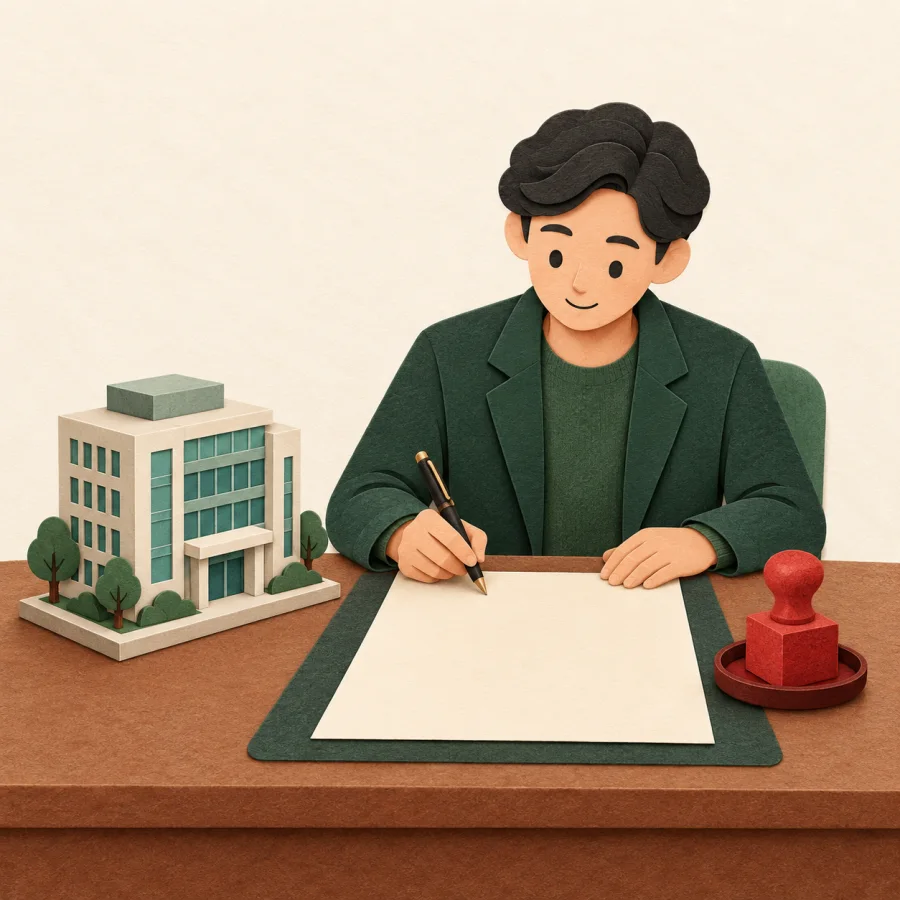 A person signs a contract beside a small office building model