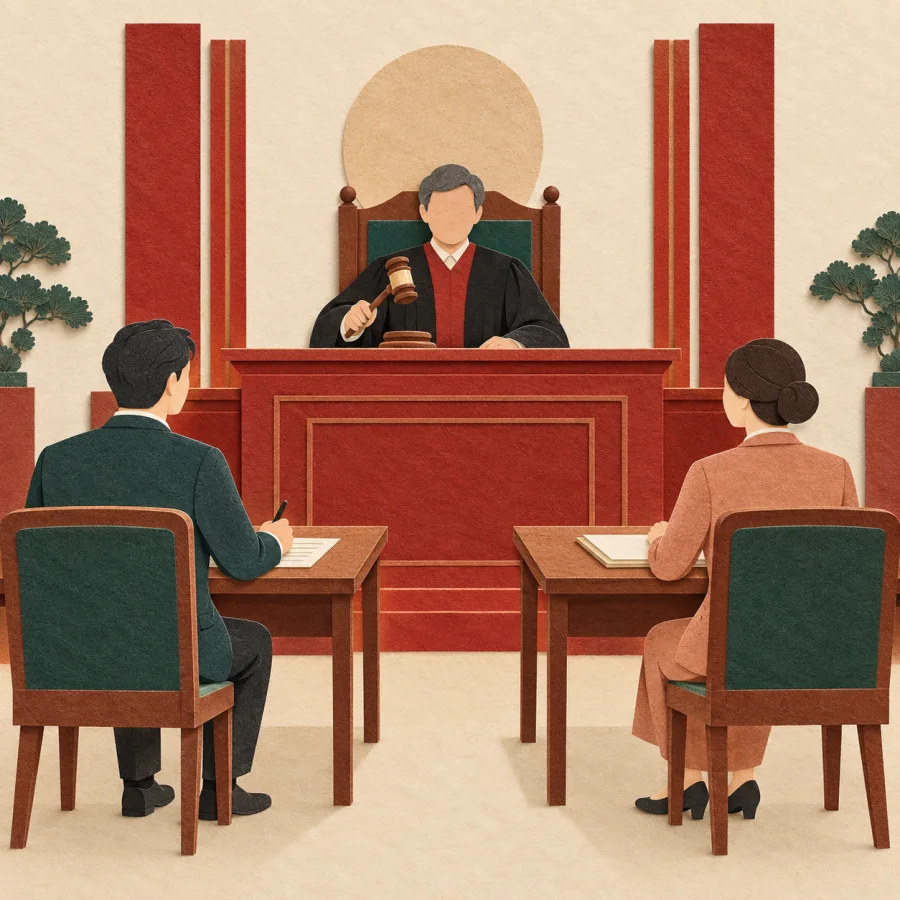 A judge with a gavel at a raised bench, two people at tables