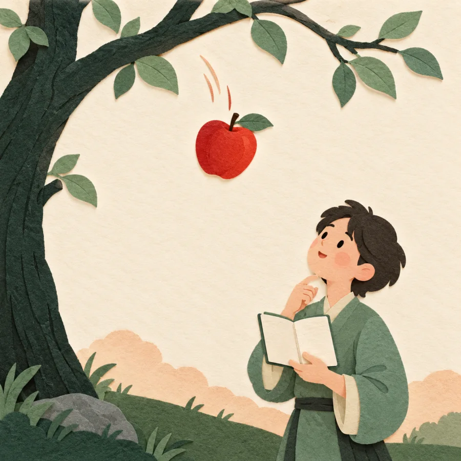 An apple falls from a branch while a person watches below