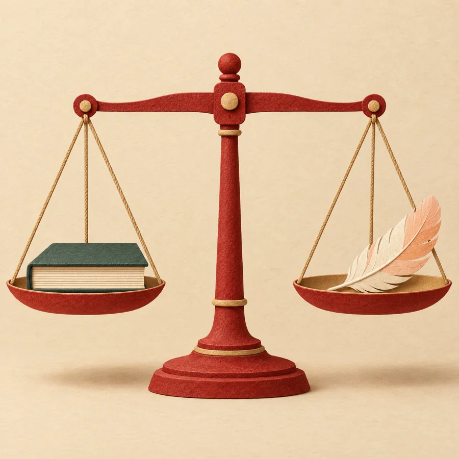 Level scales with a book on one pan and a feather on the other