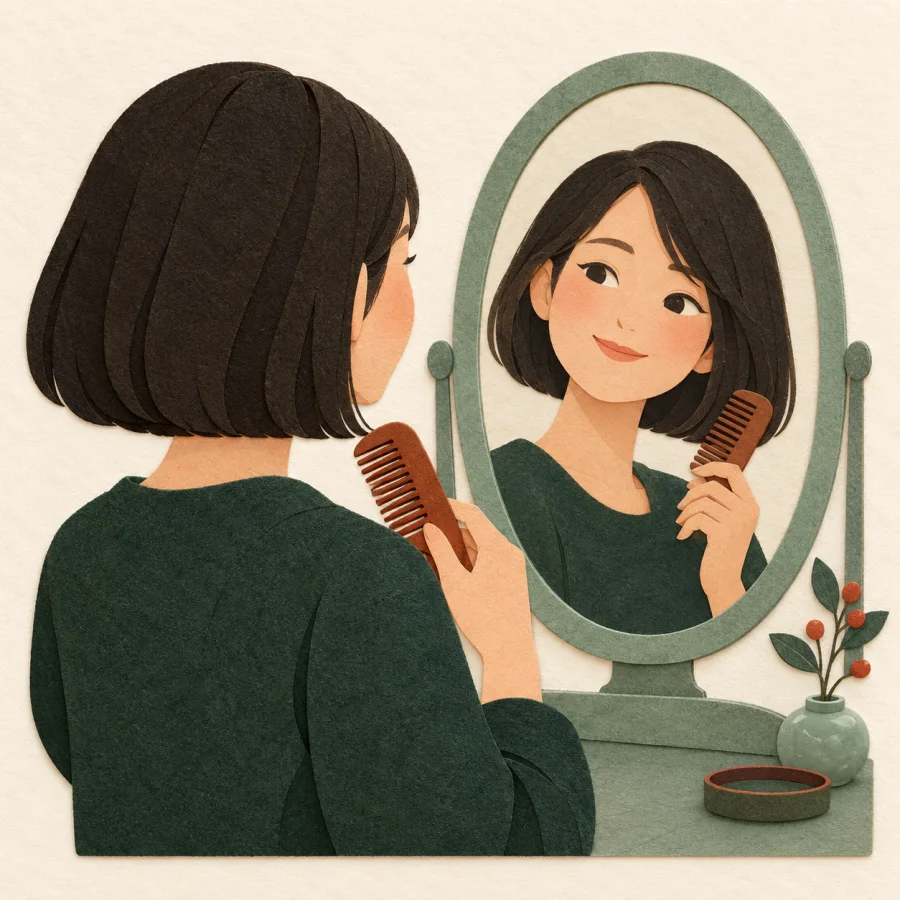 A person at a mirror with a comb admires a new haircut