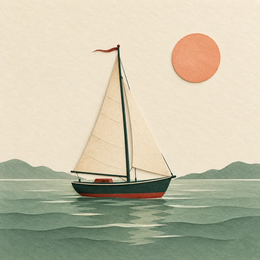 A small sailboat on calm green water