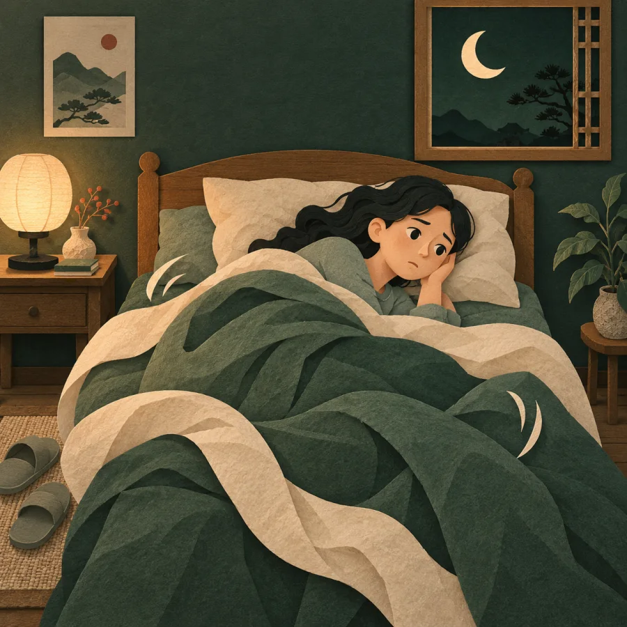 A person tosses in bed with a crescent moon outside