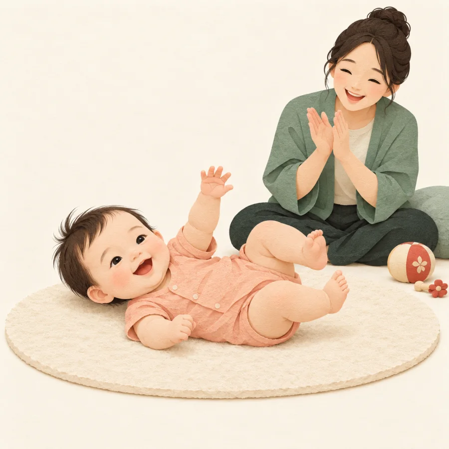 A baby rolls over on a mat while mum claps