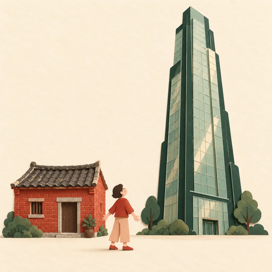 A person gazes up at a tall tower beside an old house