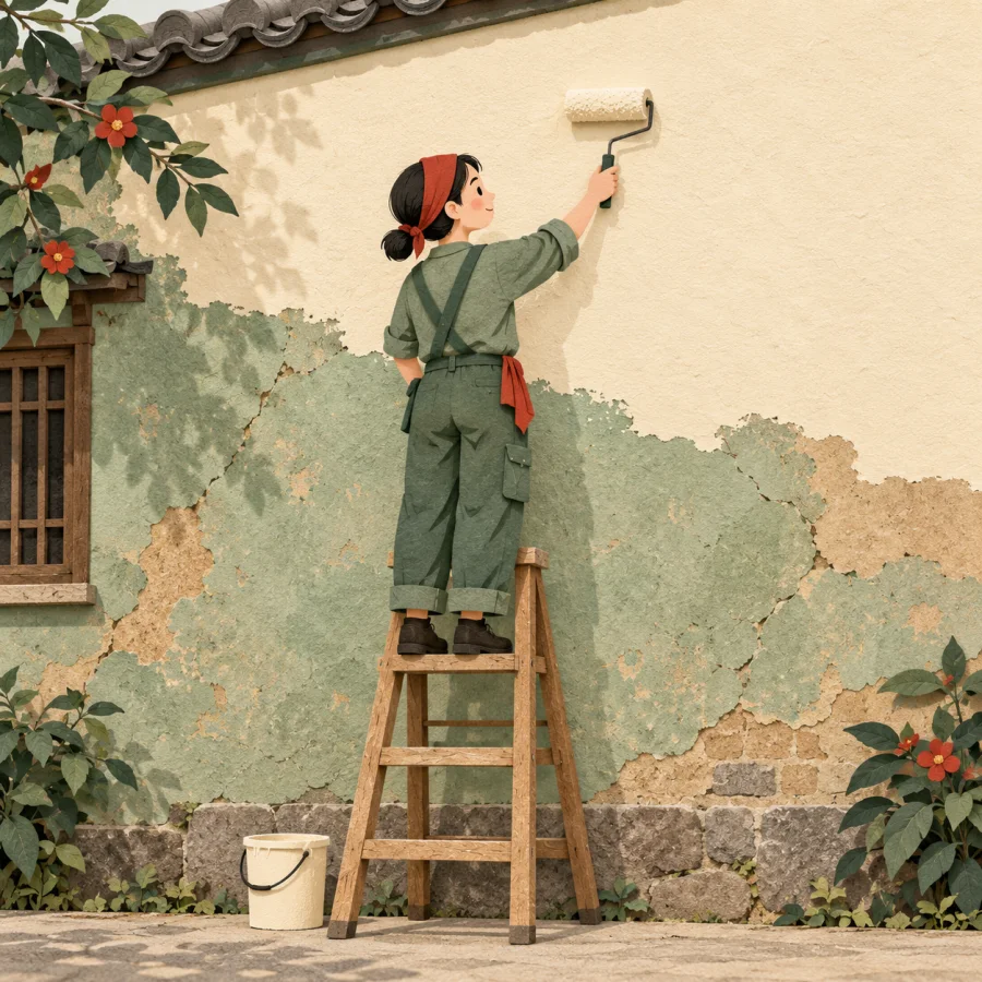 A person on a ladder repaints an old wall, half already fresh