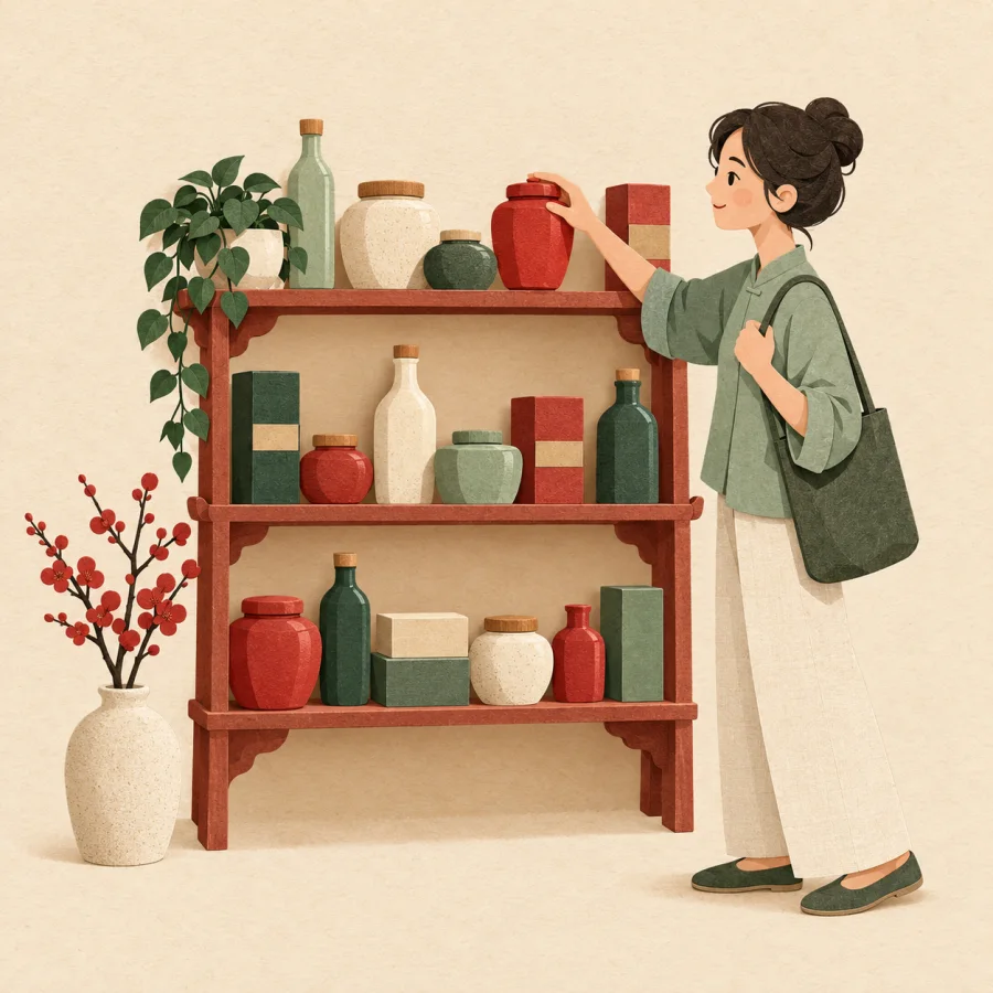 A person chooses from a shelf of varied jars and boxes